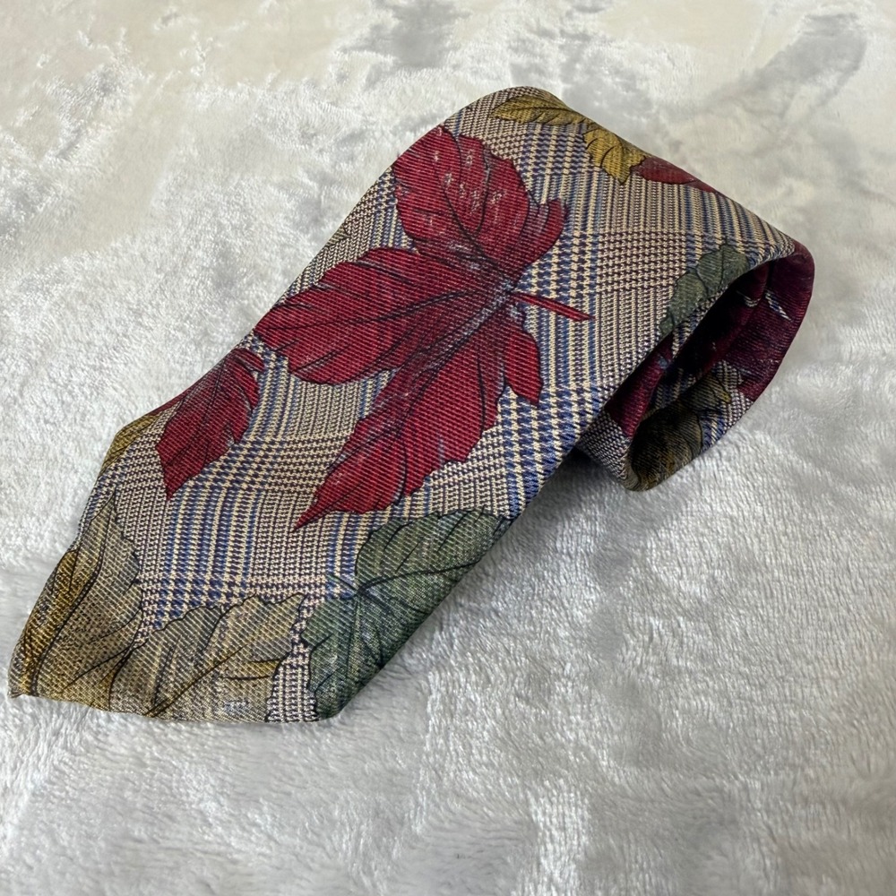 Lands End Direct Merchants Vtg Silk Tie Red Green Fall Leaf Plaid Handsewn USA